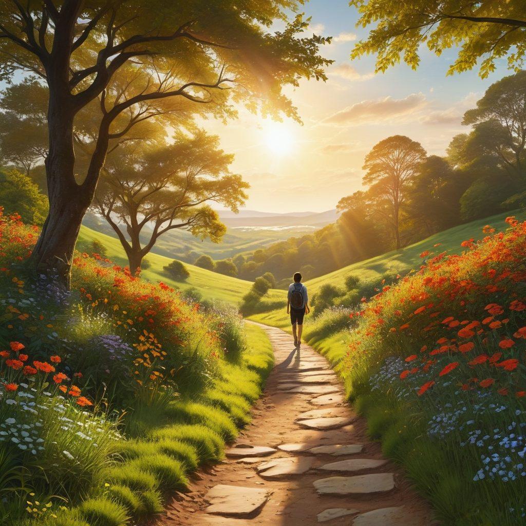 A serene landscape depicting a winding path through lush green hills, dotted with blooming flowers and encouraging signposts with uplifting words like 'Joy', 'Gratitude', and 'Growth'. A bright sun shines overhead, casting warm light, and a gentle breeze rustles the leaves. In the distance, a silhouette of a person walking towards the horizon symbolizes the journey towards happiness. vibrant colors. super-realistic.