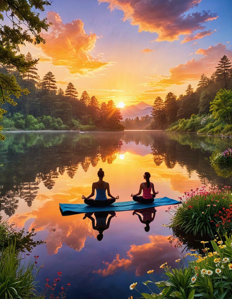 A serene landscape featuring a vibrant sunrise illuminating a tranquil lake surrounded by blooming flowers and lush greenery. In the foreground, a group of diverse individuals engaged in joyful activities, such as yoga and meditation, embodying positivity and well-being. Soft, glowing light promotes a sense of happiness and transformation. super-realistic. vibrant colors. peaceful atmosphere.