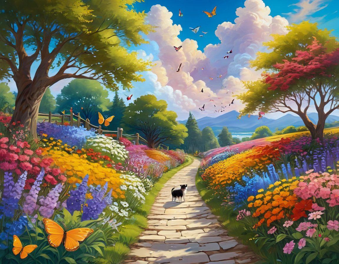 A whimsical pathway meandering through a vibrant landscape filled with blooming flowers and cheerful animals, leading towards a bright sunlit horizon. Include smiling people of diverse backgrounds enjoying the journey, holding hands and expressing joy. Soft clouds above give a sense of peace and happiness. Incorporate elements of nature like butterflies and birds to enhance the feeling of delight. colorful illustration. cheerful aesthetic.
